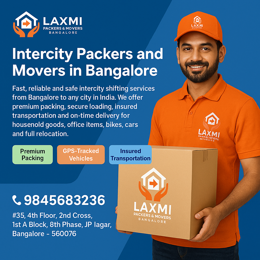 Professional intercity packers and movers in Bangalore transporting household items with branded uniforms, secure packing and GPS-enabled trucks — Laxmi Packers and Movers
