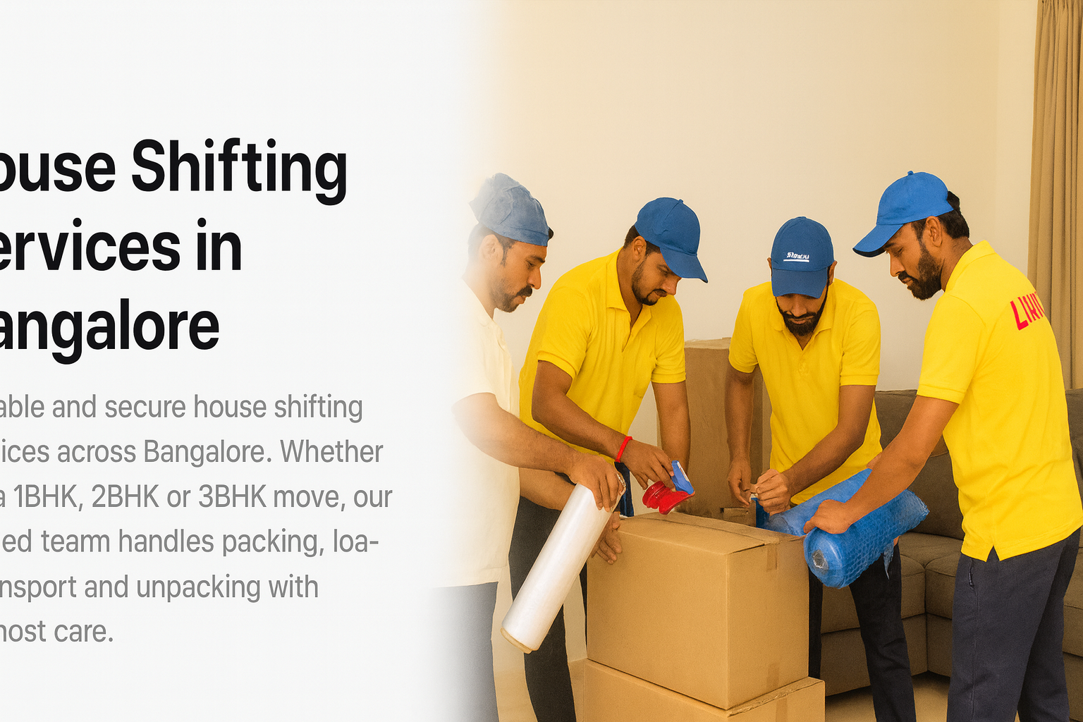 “Professional movers packing household items for house shifting in Bangalore using premium materials – Laxmi Packers and Movers team”