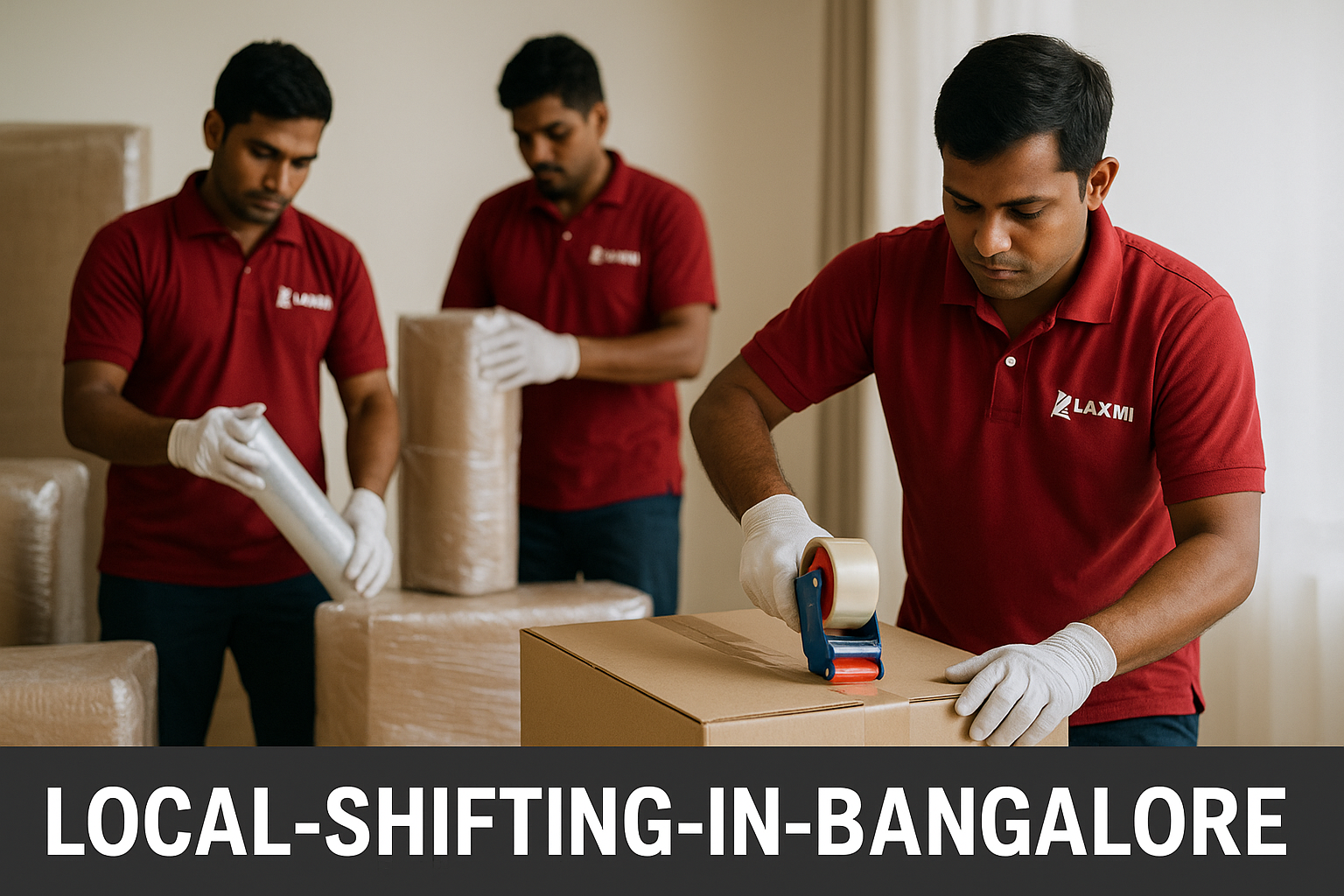 “Professional movers packing household items with high-quality materials during a local shifting service in Bangalore – Laxmi Packers and Movers team”
