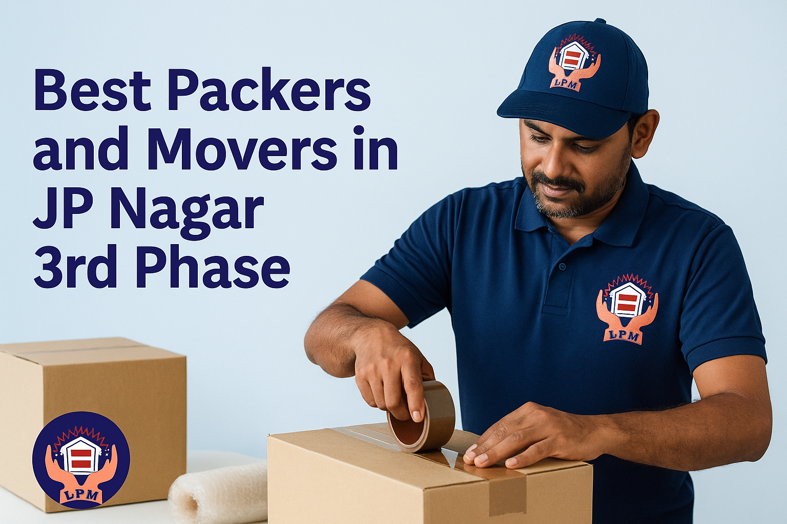 “Packers and Movers in JP Nagar 3rd Phase – LPM mover sealing box with logo on uniform”
