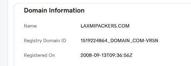 Laxmi Packers and Movers Domain Registration Certificate