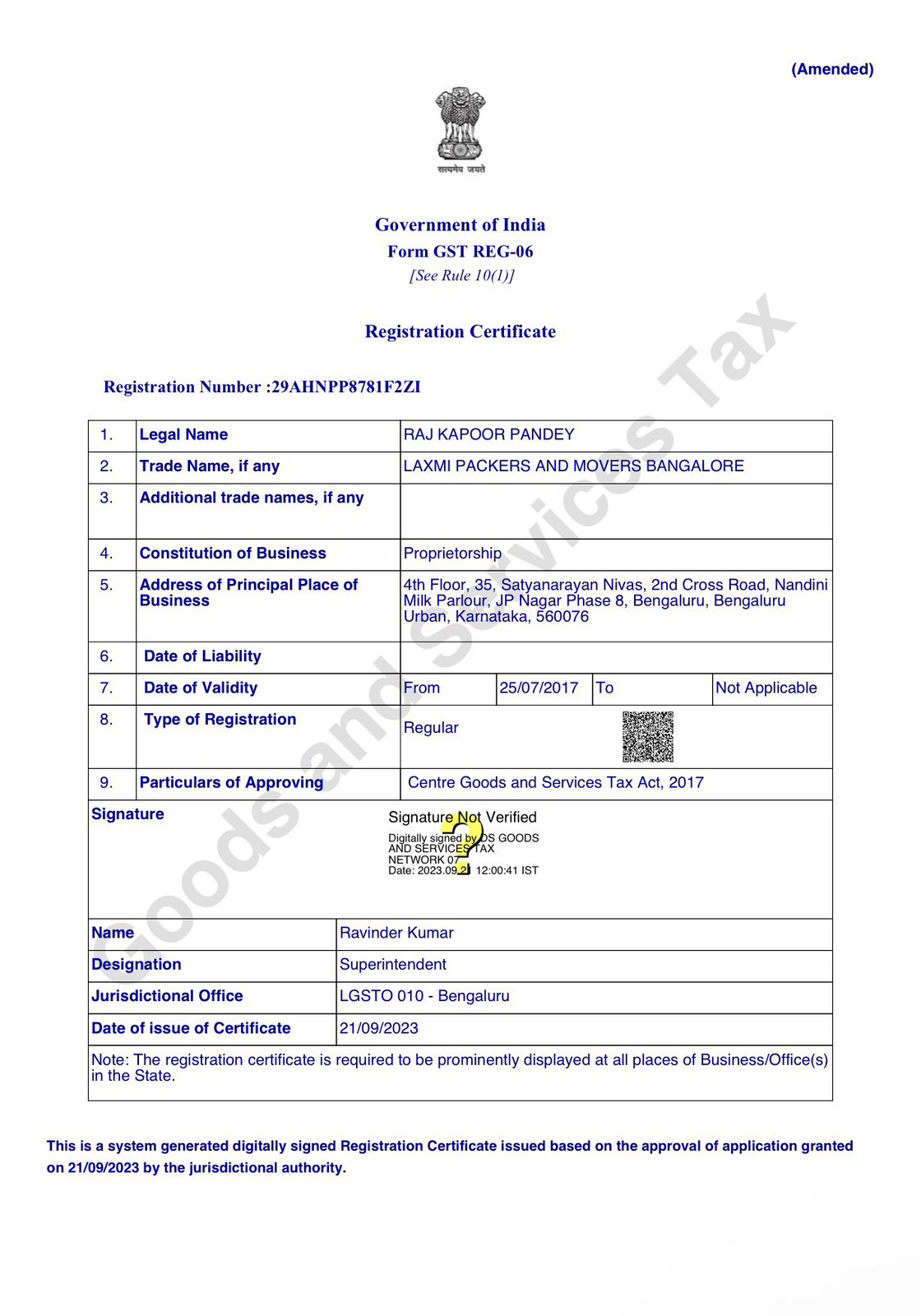 Laxmi Packers and Movers GST Registration Certificate