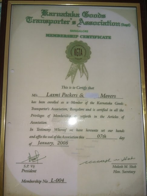 Laxmi Packers and Movers KGTA Registration Certificate Bangalore