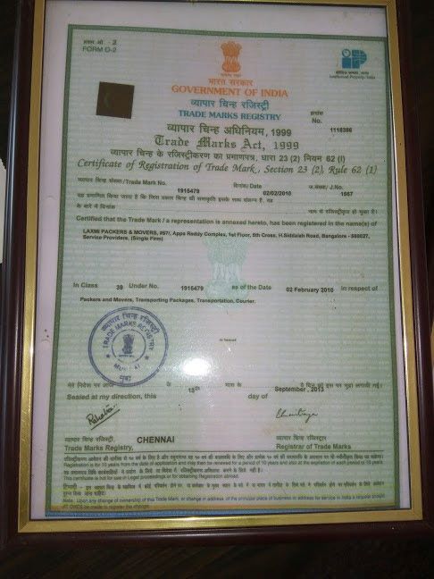 Laxmi Packers and Movers Trademark Registration Certificate