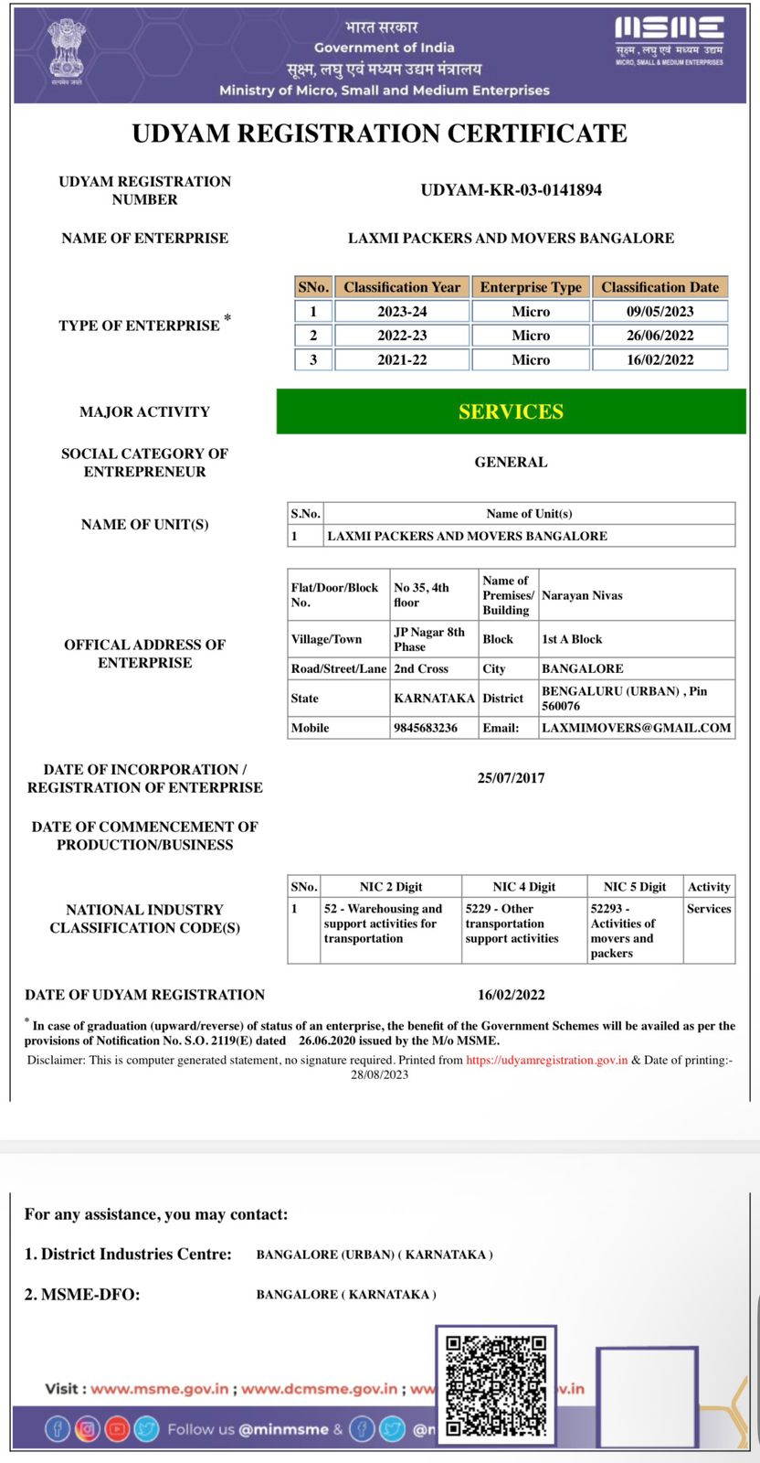 Laxmi Packers and Movers Udyam Registration Certificate